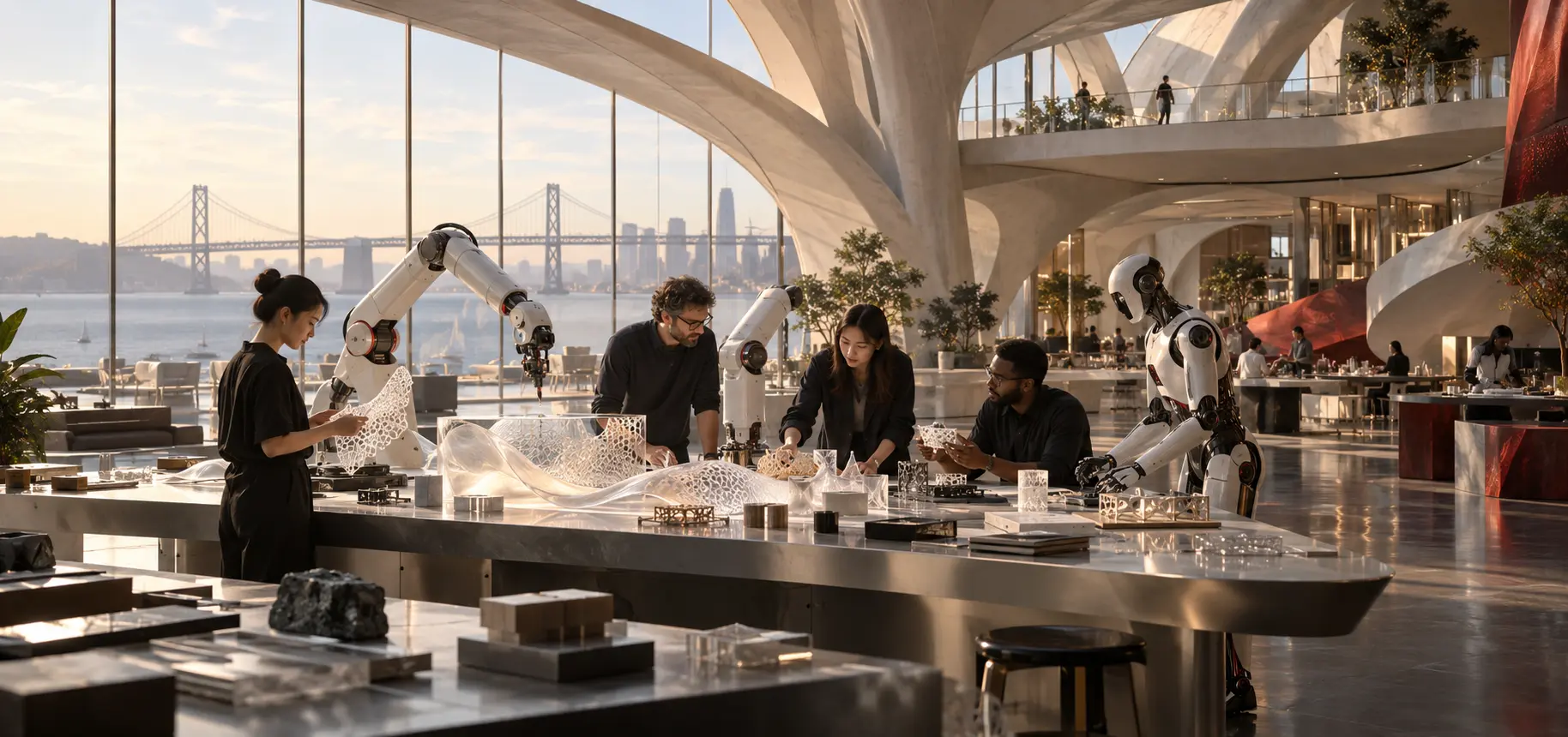 Artists, designers and engineers working alongside robotic arms and humanoid robots in Phoenix's open waterfront lab